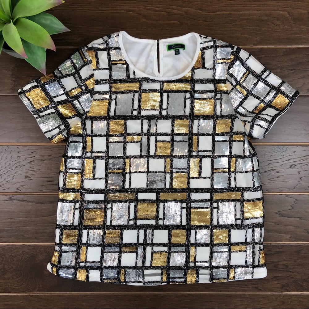 C. Wonder White Sequin Top with Gold & Silver Geometric Grid